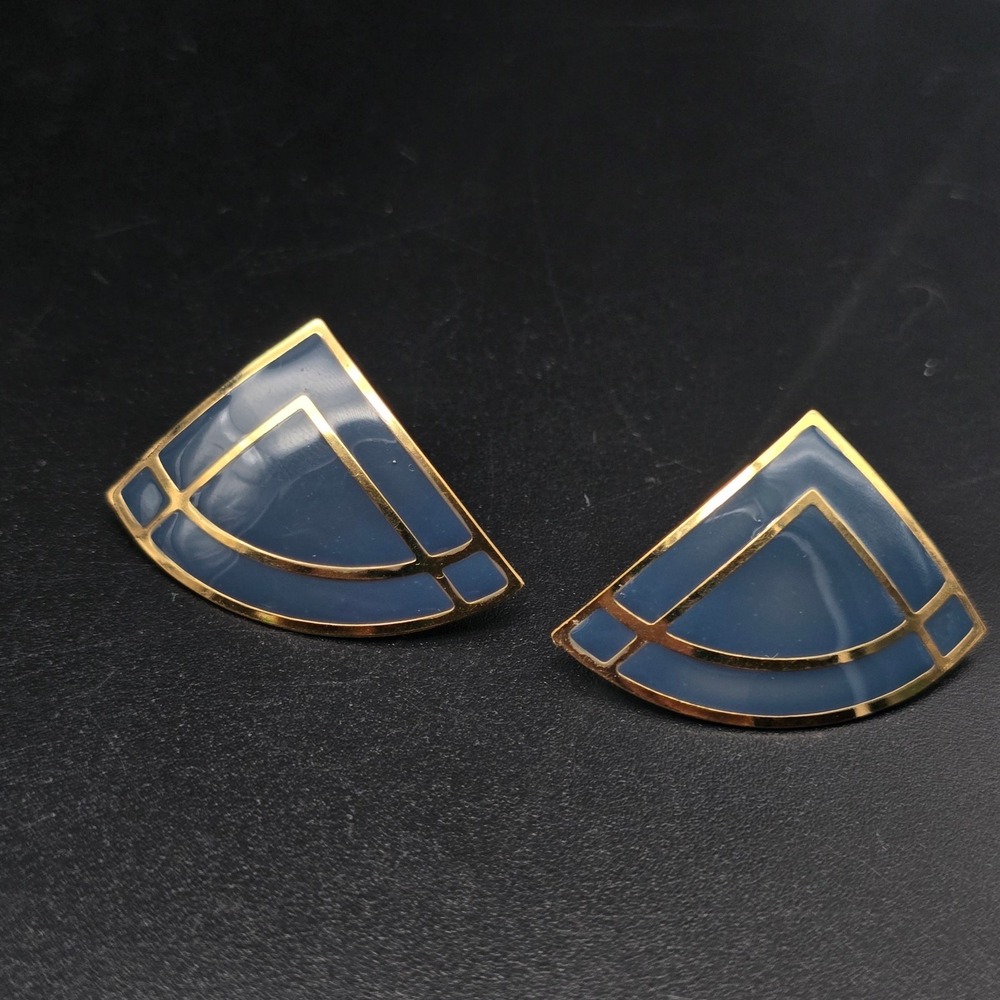 Avon 1986 Blue Color Splash Earrings Pierced Triangle Gold Tone Geometric Modern